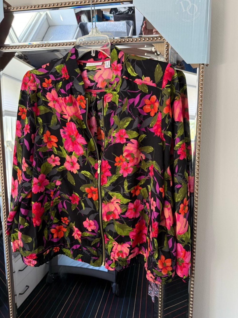 Susan Graver Black Floral Bomber Jacket with Bright Pink & Green Print